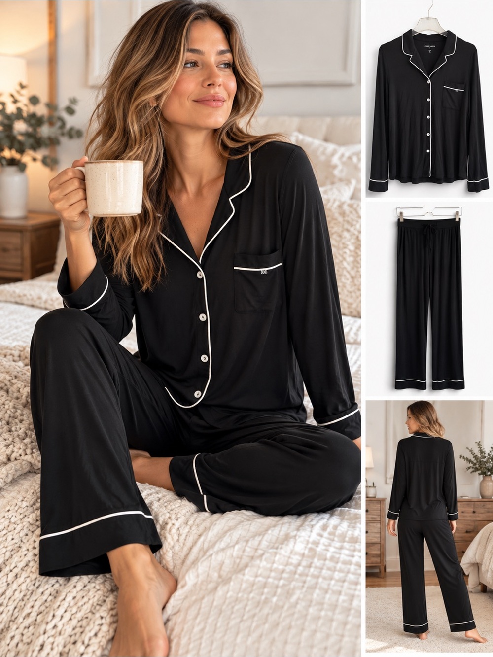 Cozy Earth Bamboo Stretch-Knit Long Sleeve Pajama Set Black Size S